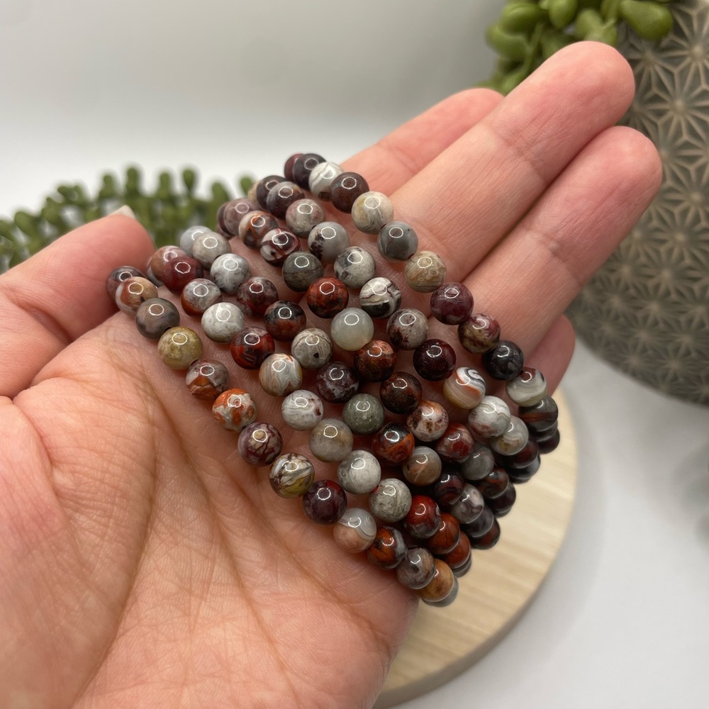 ONE Mexican Red Crazy Lace Agate Beaded Stretch Bracelet – 6mm (0013)